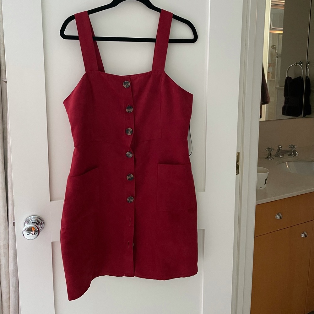 Red velvet button dress for layering